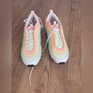Women's Nike Air Max 97 Essential Sneakers: White, Melon Tint, and Volt colorway